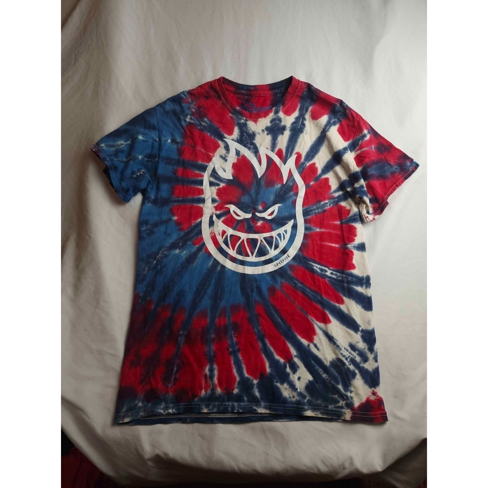Spitfire Wheels T-Shirt Mens Medium Red Blue Tie Dye Big Head Graphic Skate Tee
